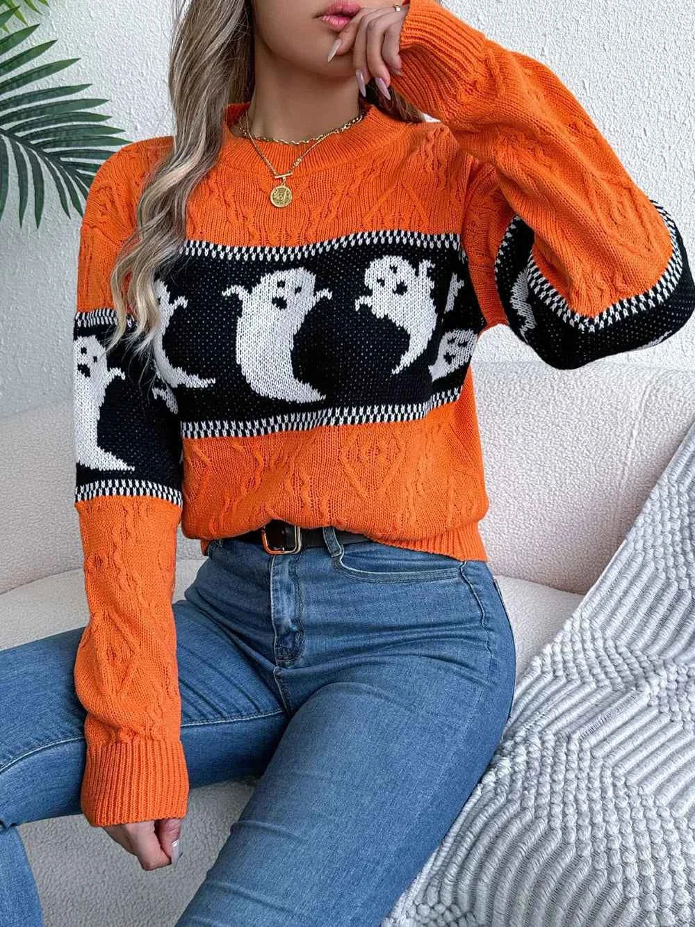 Ghost Round Neck Long Sleeve Sweater d6d0b393-d548-4533-abbb-eda8b67daf8d-Max