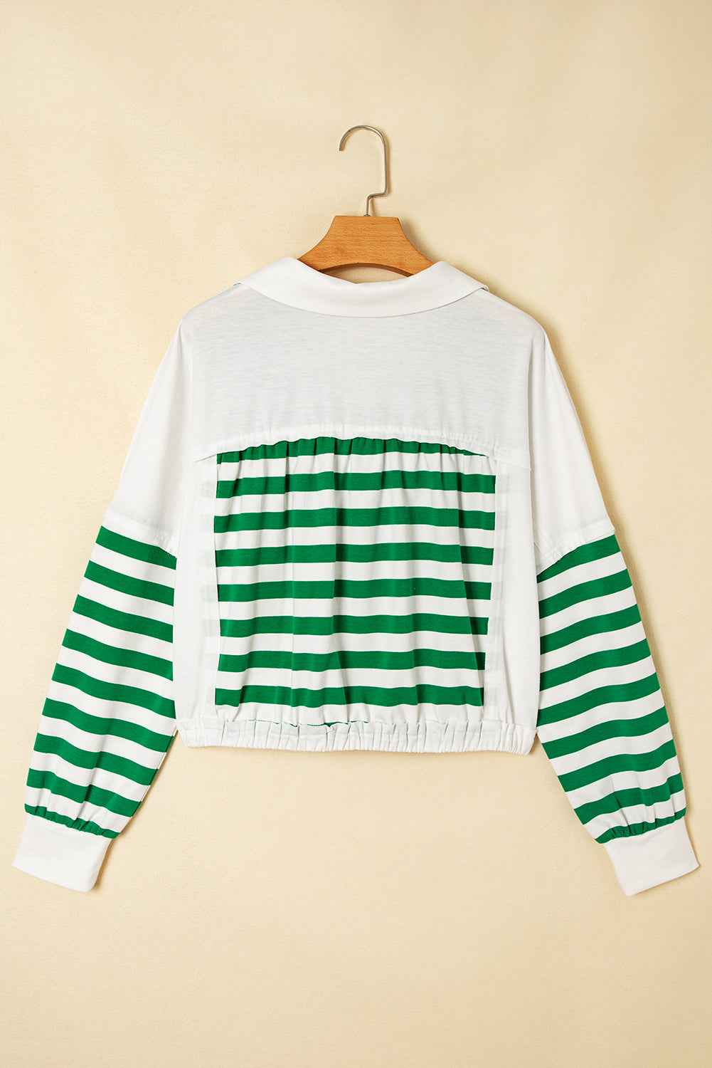 Green Striped Colorblock Patchwork Collared V Neck Cropped Pullover d6d43cd56bd6fadf