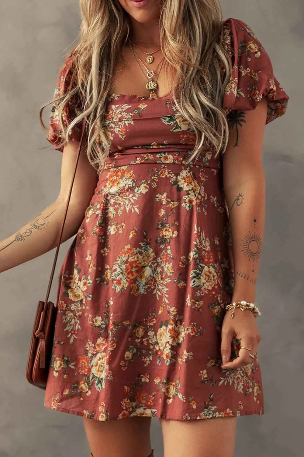 Floral Puff Sleeve Square Neck Knot Open Back Mini Dress d6e7e65c-6496-4a63-9069-861d63a29cb7-Max-Origin