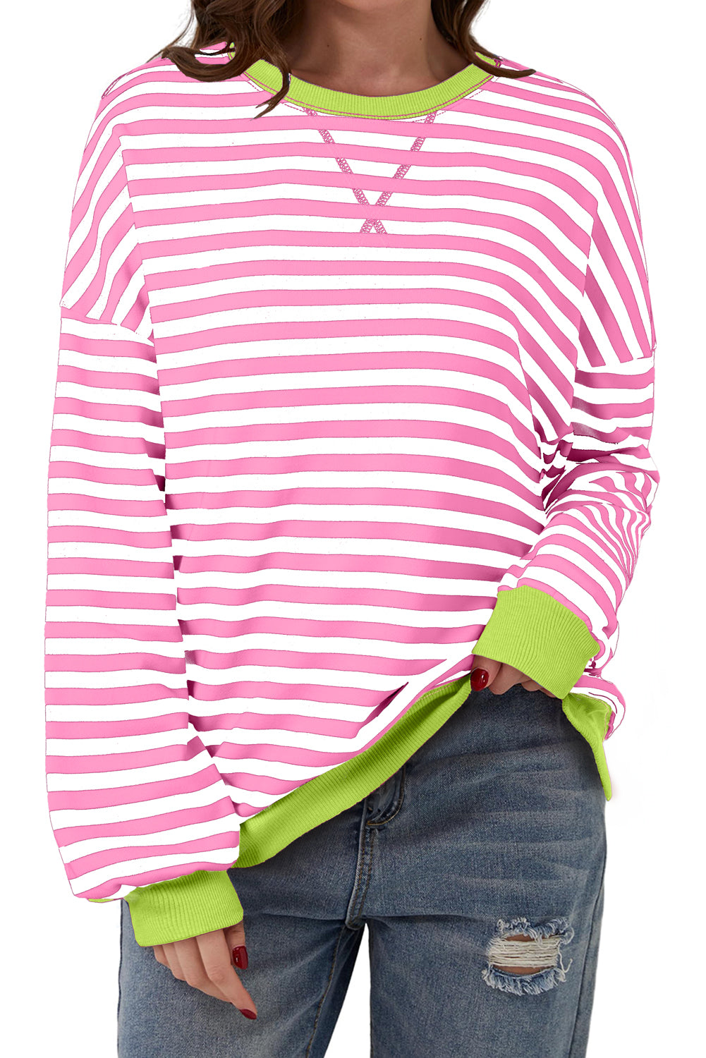 White Striped Contrast Trim Drop Shoulder Sweatshirt d6fa336d5df1377d