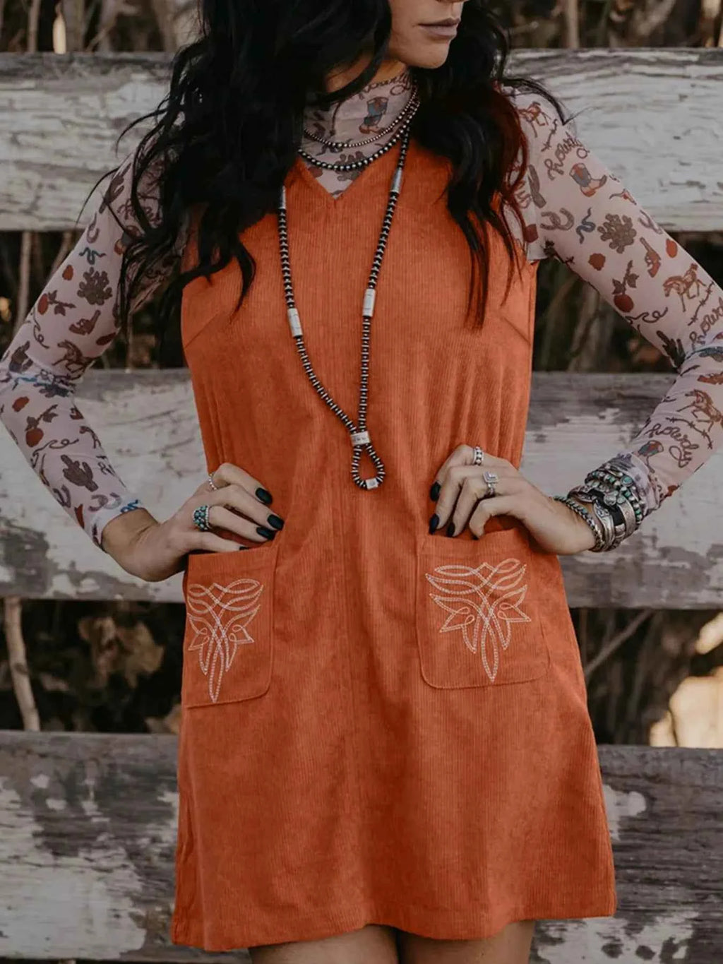 Corduroy Western Embroidered Patched Pocket Shift Sleeveless Mini Dress d70038e1-8975-48b9-8852-8701e9bbeb46-Max-Origin