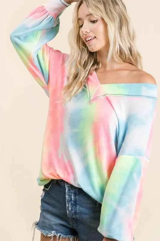BiBi Tie Dye French Terry V-Neck Top with Puff Sleeves d710bdebe67c4536a982813f3d5084bb-Max-Origin