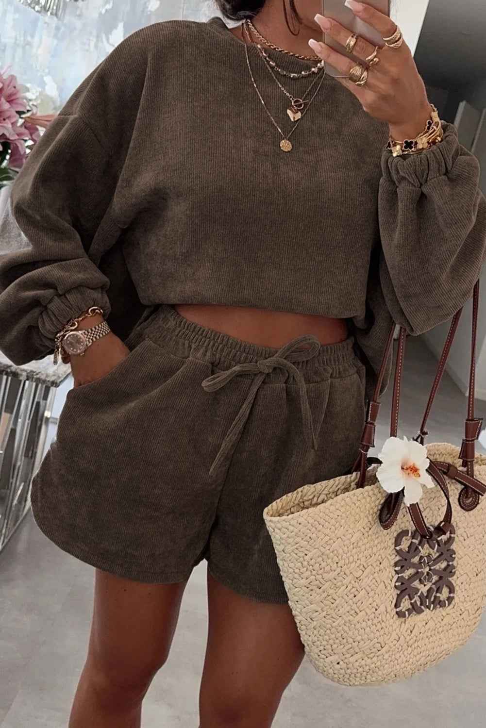 Fushia Textured Knit Drop Shoulder Pullover Drawstring Shorts Set Dark Brown 97%Polyester+3%Elastane d72ccbc10a2b7102