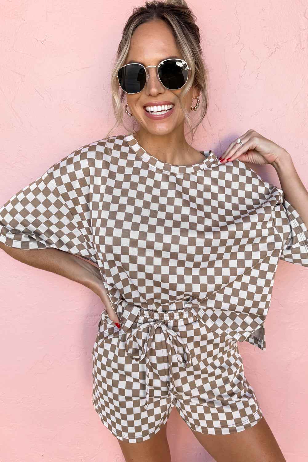 Brown Checkered Top and Drawstring Shorts Pajama Set d73eeb040ee45570