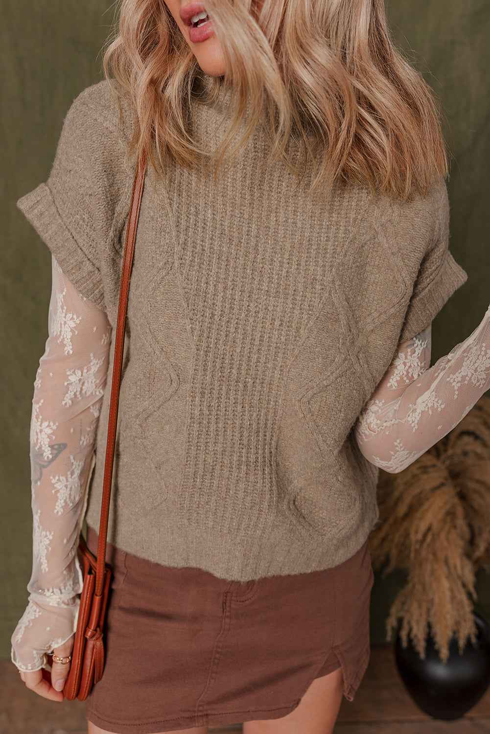 Smoke Gray Textured Knit Mock Neck Short Sleeve Sweater d742815a9e18d05b