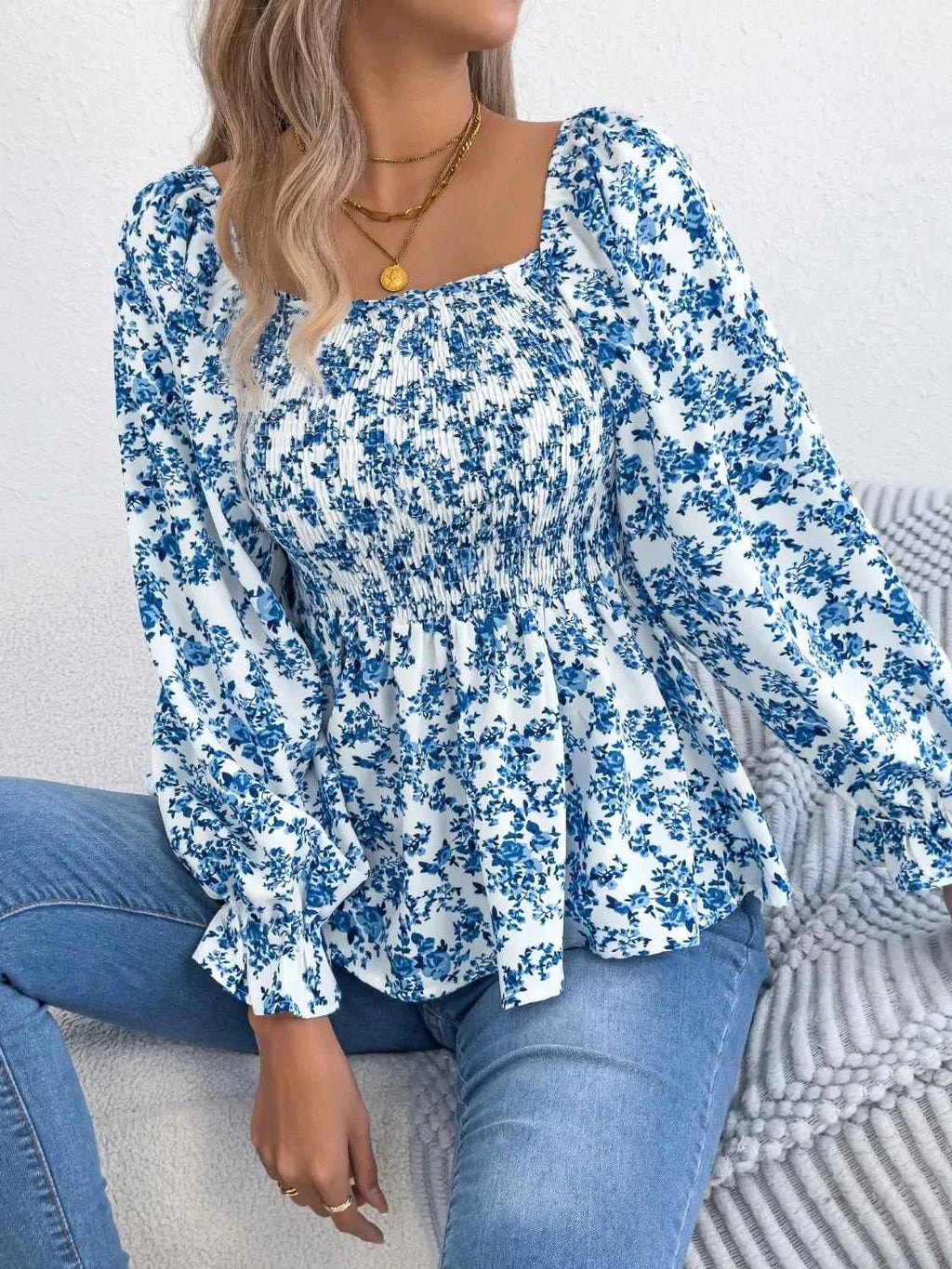 Floral Square Neck Flounce Sleeve Blouse d7499557-cc95-4a73-be2d-c20ab97e240e-Max-Origin