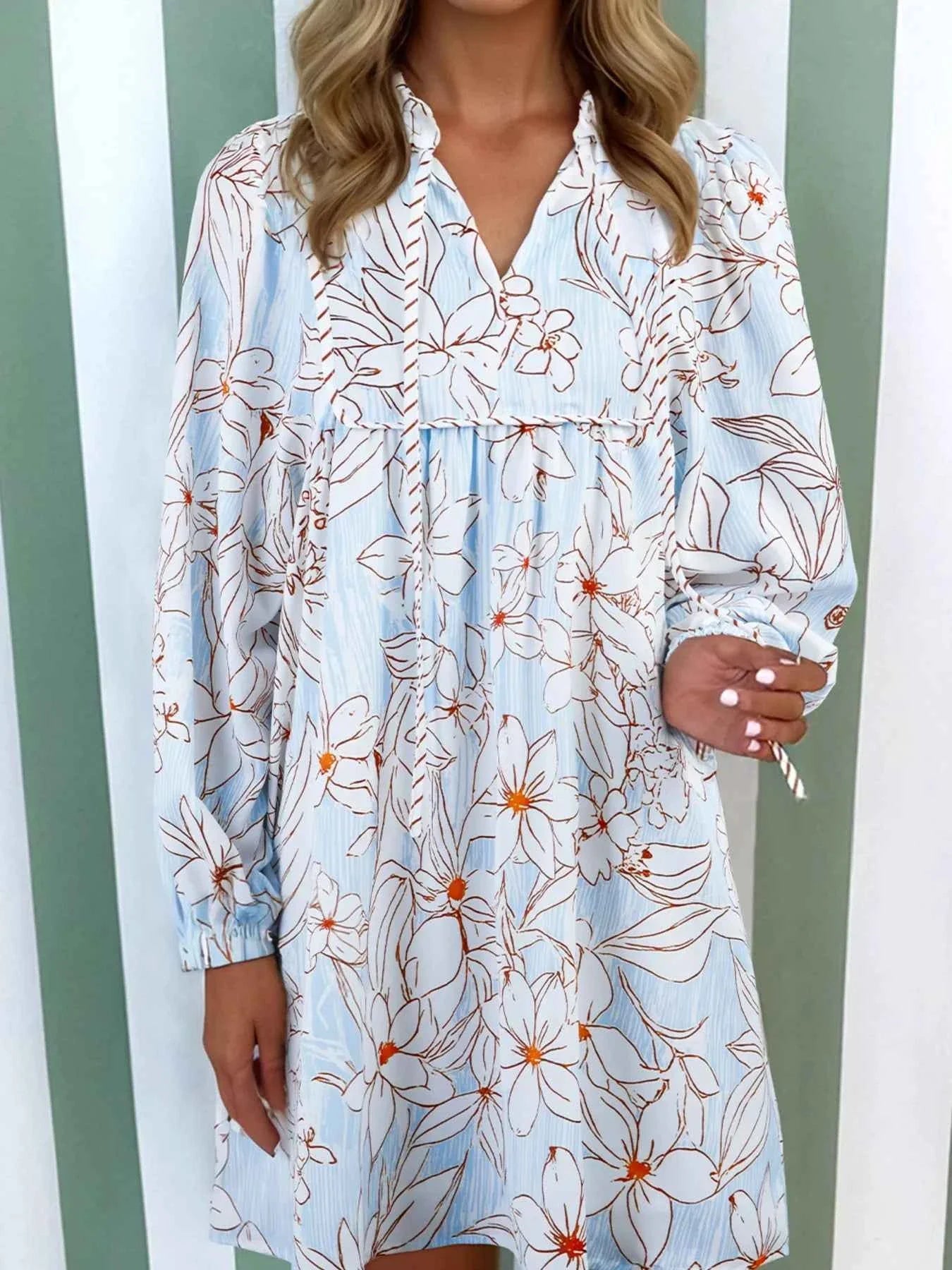 Floral Print Tie Neck Long Sleeve Mini Dress Light Blue d74c2428411c4a5cba1660bdc4ef855e-Max-Origin