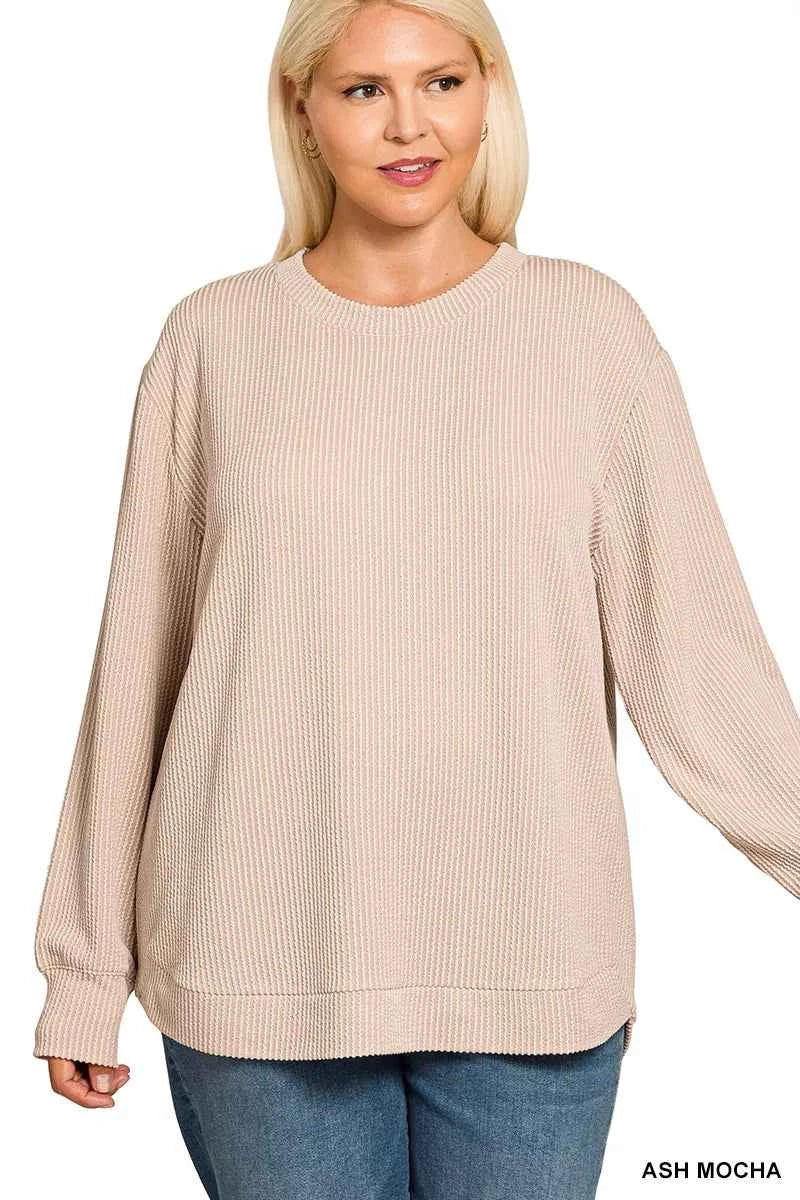 Zenana Full Size Raised Rib Round Neck Long Sleeve Top Plus Size ASH MOCHA d753f626-9872-44a5-8330-5f6b0c4c2777-Max-Origin