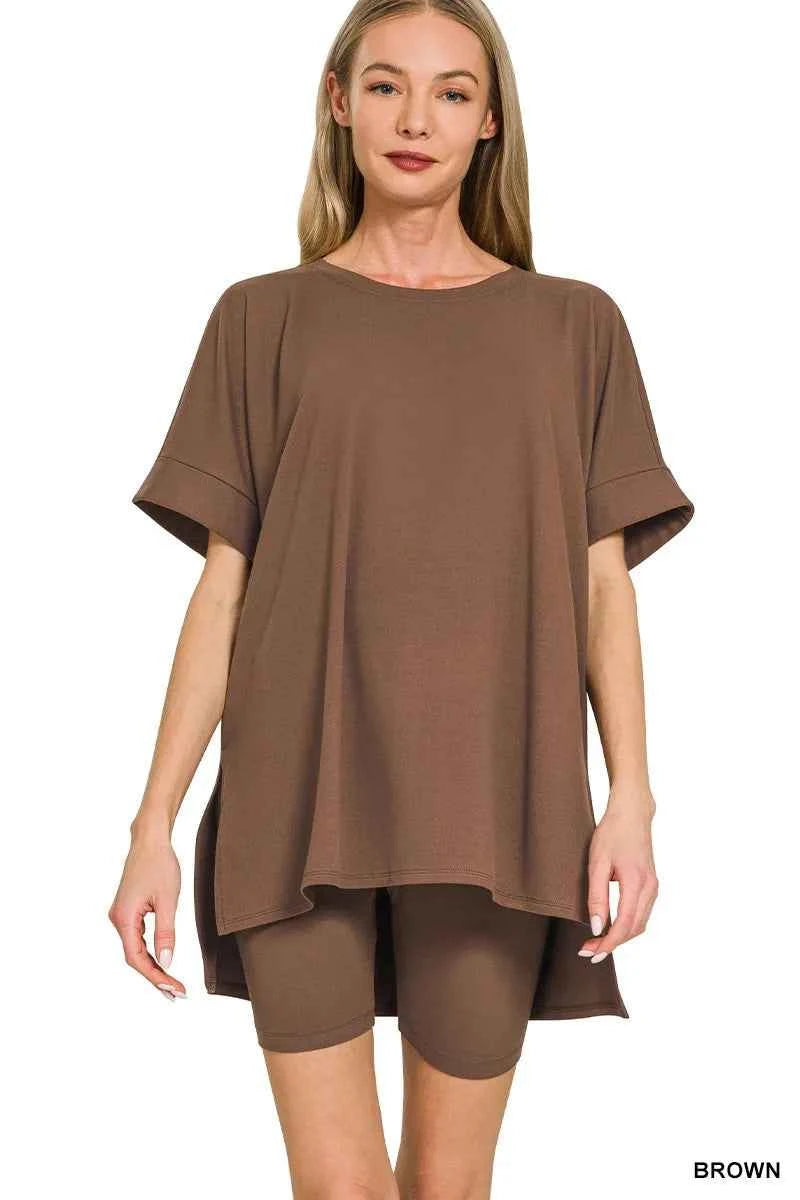 Zenana Full Size Brushed Dty Microfiber Round Neck Top and Biker Shorts Set Plus Size BROWN d754800736da475b8c99782fc09772ee-Max-Origin