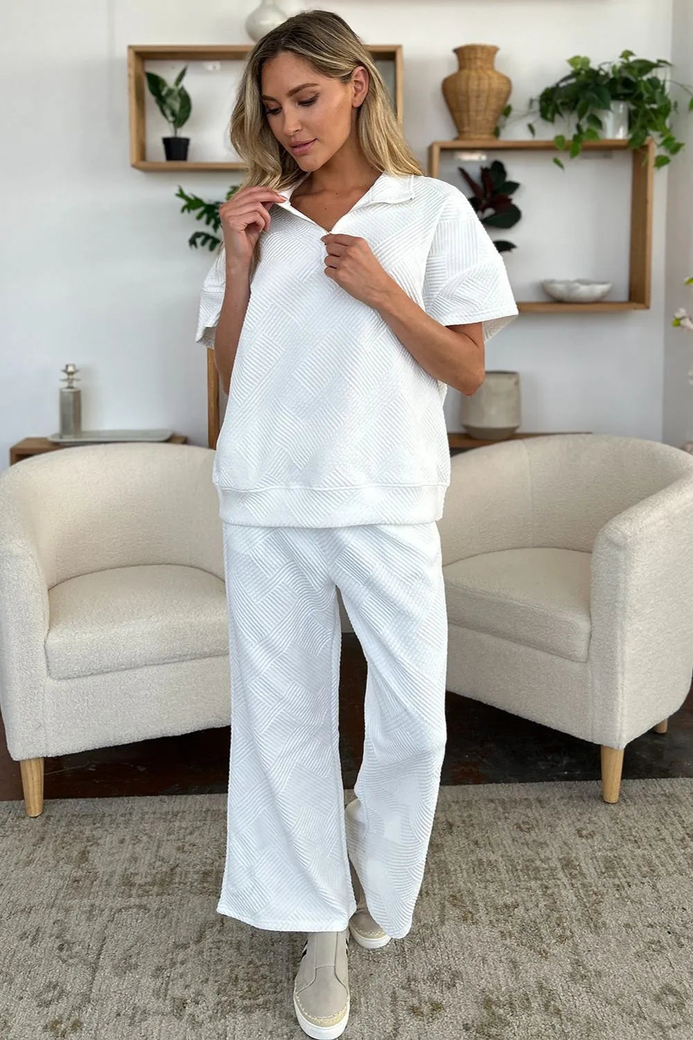 Double Take Full Size Texture Half Zip Short Sleeve Top and Pants Set d76a4a20-0536-4c41-967d-fa17dbb38a8e-Max