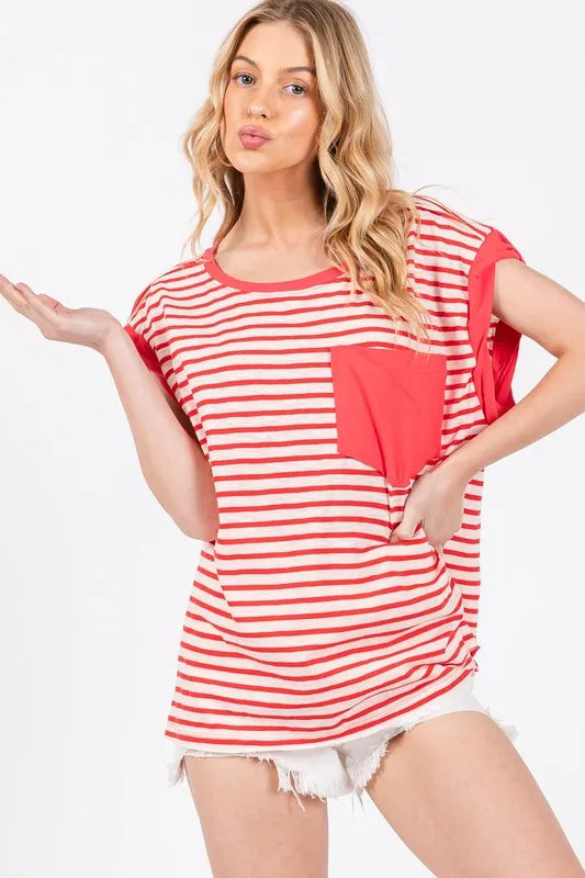 Ces Femme Side Slit Striped Cap Sleeve T-Shirt Red d76ebf00-f26e-4003-af33-7f0fc740fc68-Max