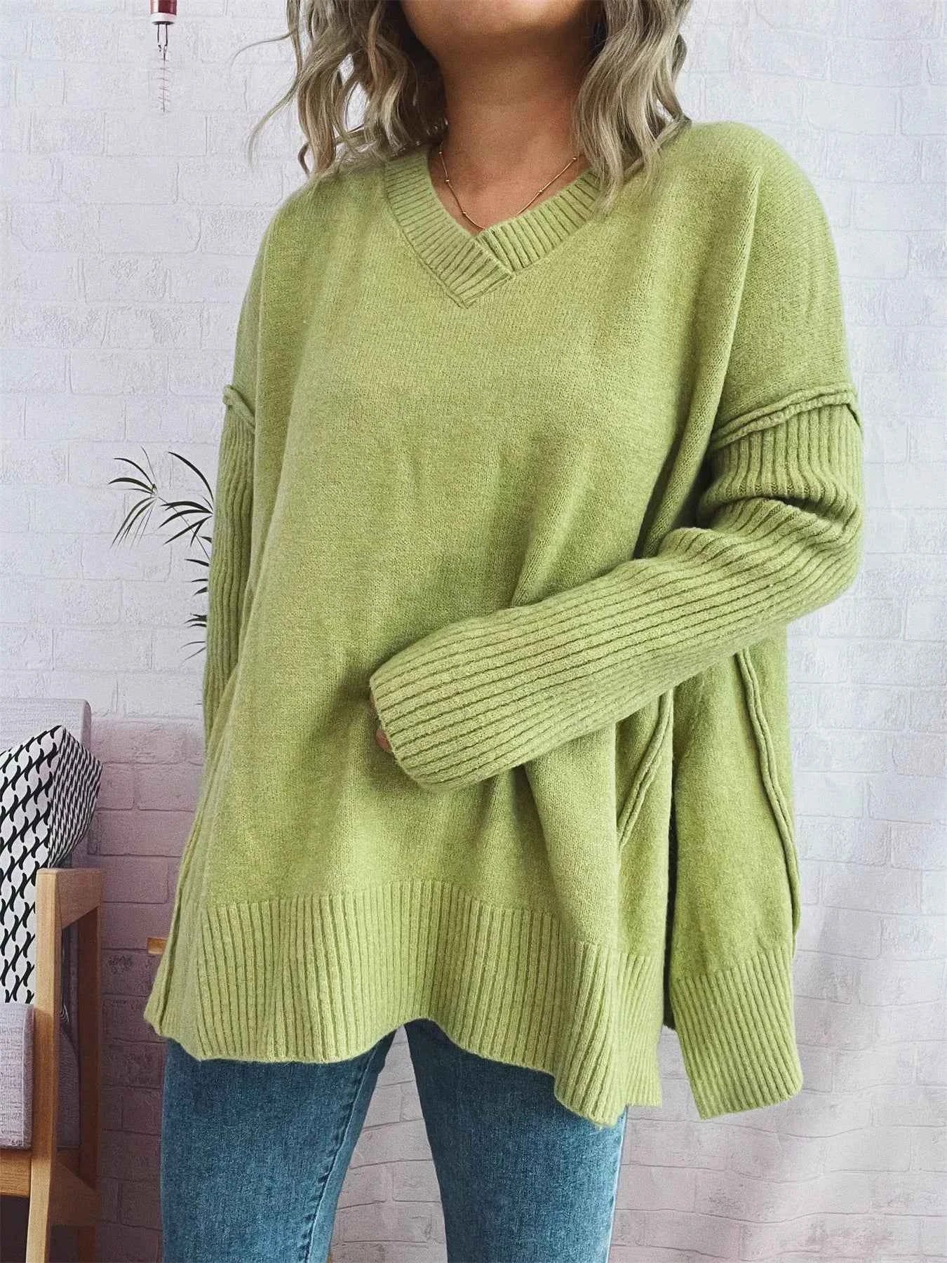 V-Neck Dropped Shoulder Sweater Green One Size d774de047b054b52801773cc6562d7c5-Max-Origin