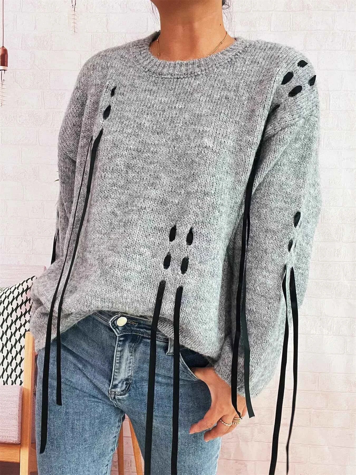 Round Neck Long Sleeve Sweater with Ribbon Details d79476b8daa44f36bd218144fde6acd5-Max-Origin