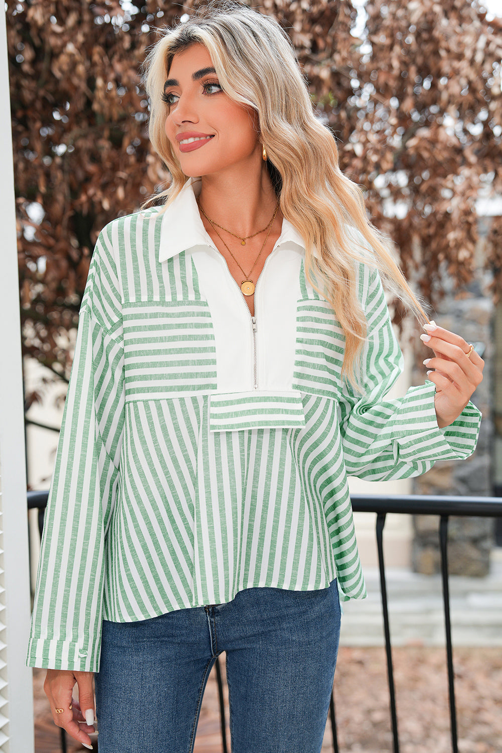 Green Striped Zipper Collar Long Sleeve Top d7959b3ca54bfc3d