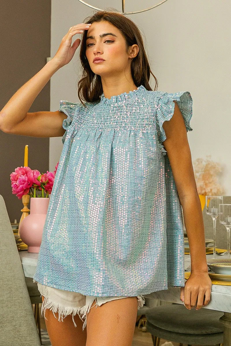 BiBi Clear Sequin All-over Gingham Smocked Top d79f7575995a4fe58b7f09d8fdca2a62-Max-Origin