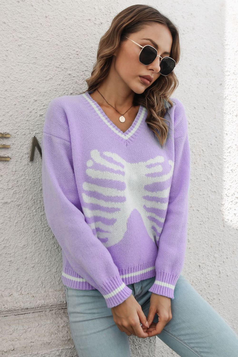 Skeleton Pattern V-Neck Long Sleeve Pullover Sweater d7a37bdc39e842f1ae96c25592e054a2-Max