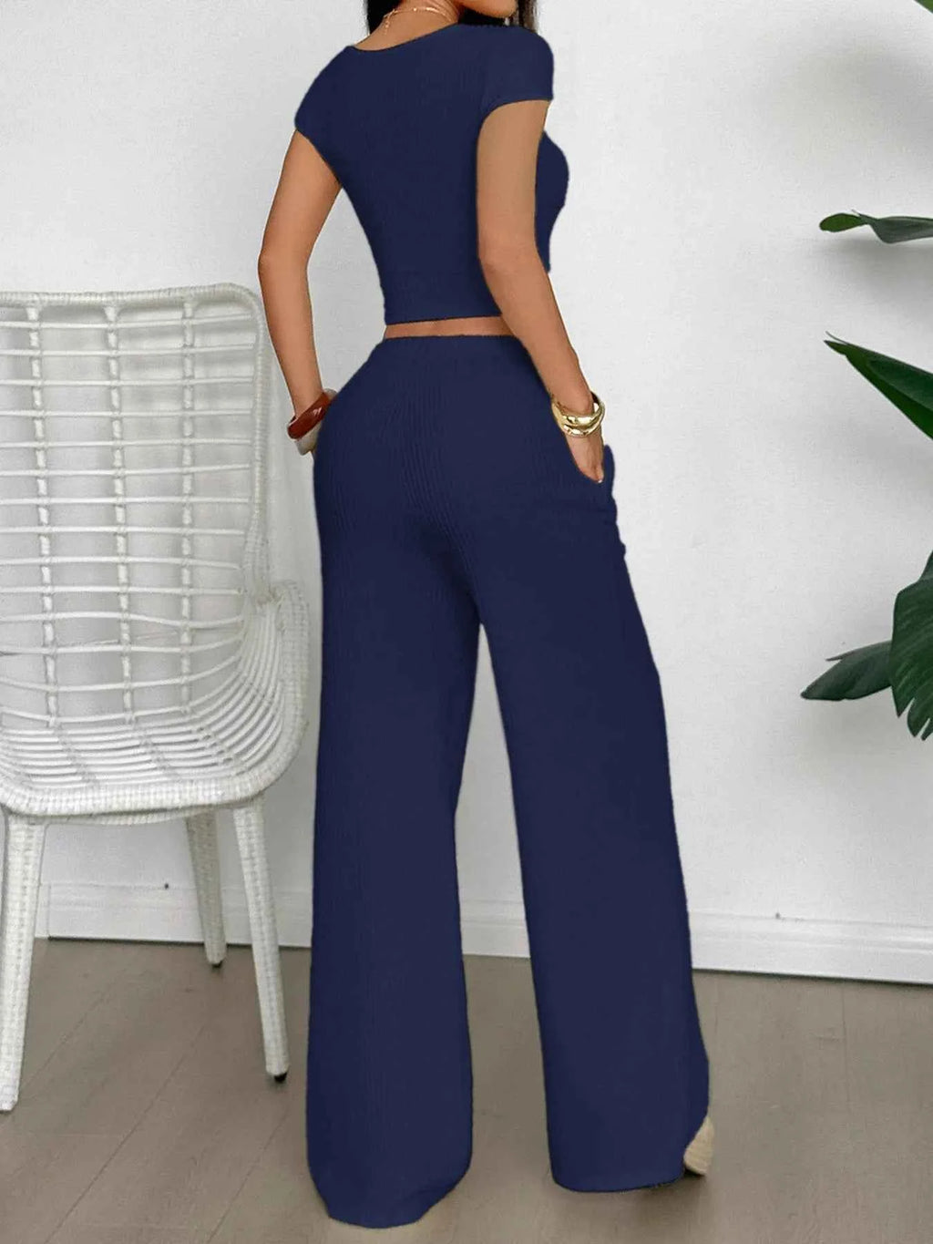 Cutout Short Sleeve Top and Pants Set d7bc60ae04ee40f49fa58a8d66d1a92f-Max-Origin