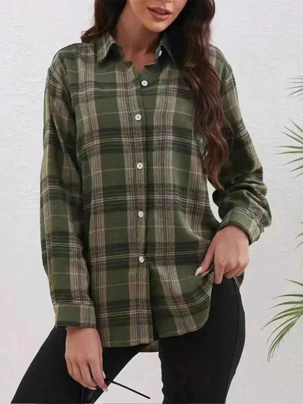 Plaid Button-Down Long Sleeve Shirt Olive Green d7bf0f0bb12341a2905eb6c5ed703c8f-Max-Origin