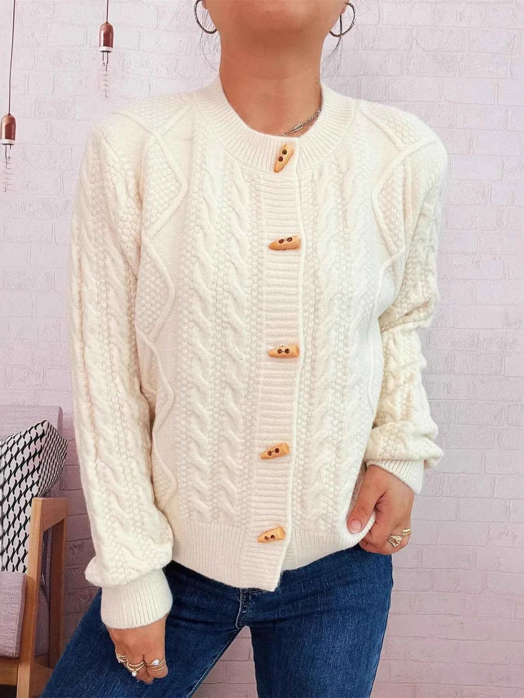 Cable Knit Button-Up Cardigan White One Size d7c1679f6b7941c0a109993a286911ef-Max-Origin