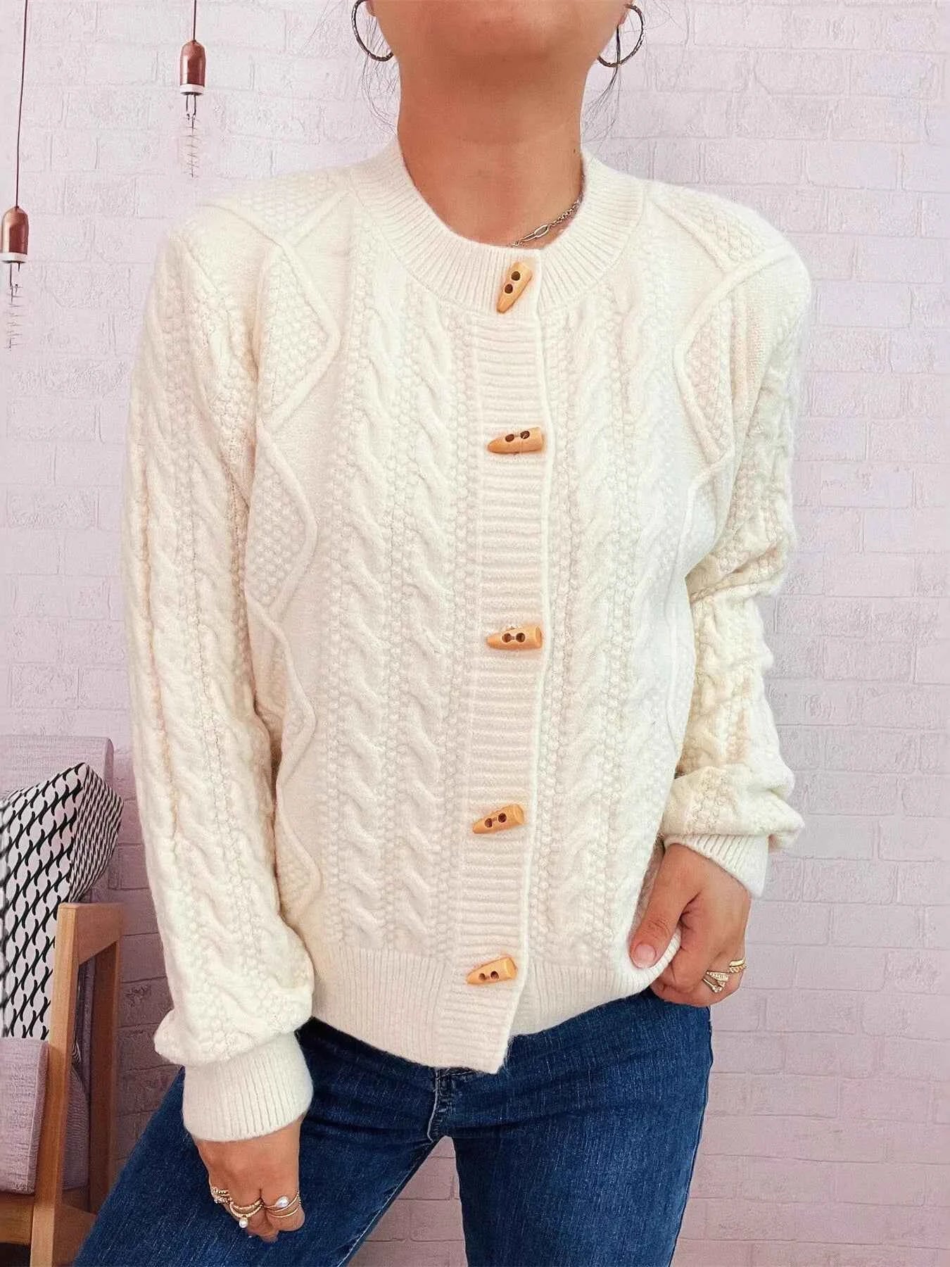 Cable Knit Button-Up Cardigan White One Size d7c1679f6b7941c0a109993a286911ef-Max-Origin