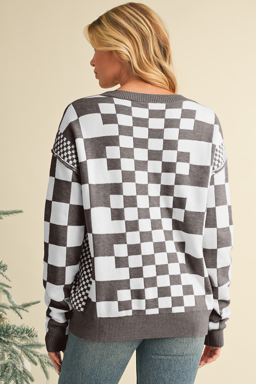 Black Checkered Drop Shoulder Round Neck Sweater d7c46b6c0b1029ed