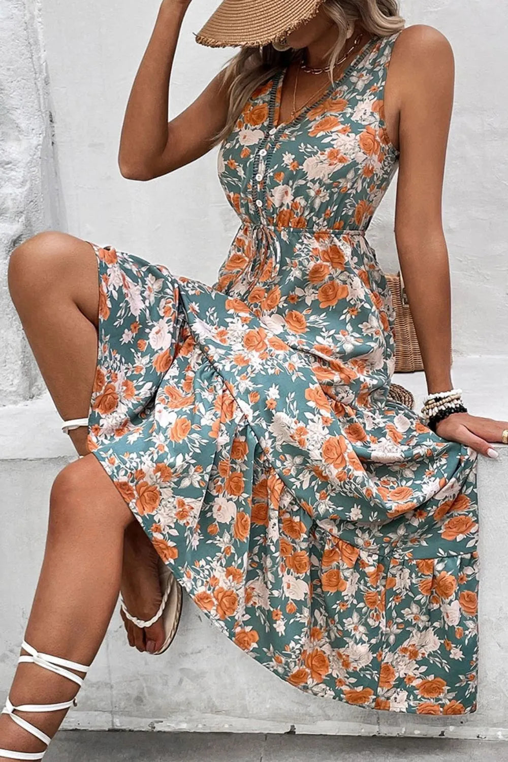 Floral Print Trimmed V Neck Tie Waist Sleeveless Dress d7d031a1-e1d5-43f9-8620-ecc8582282f0-Max-Origin
