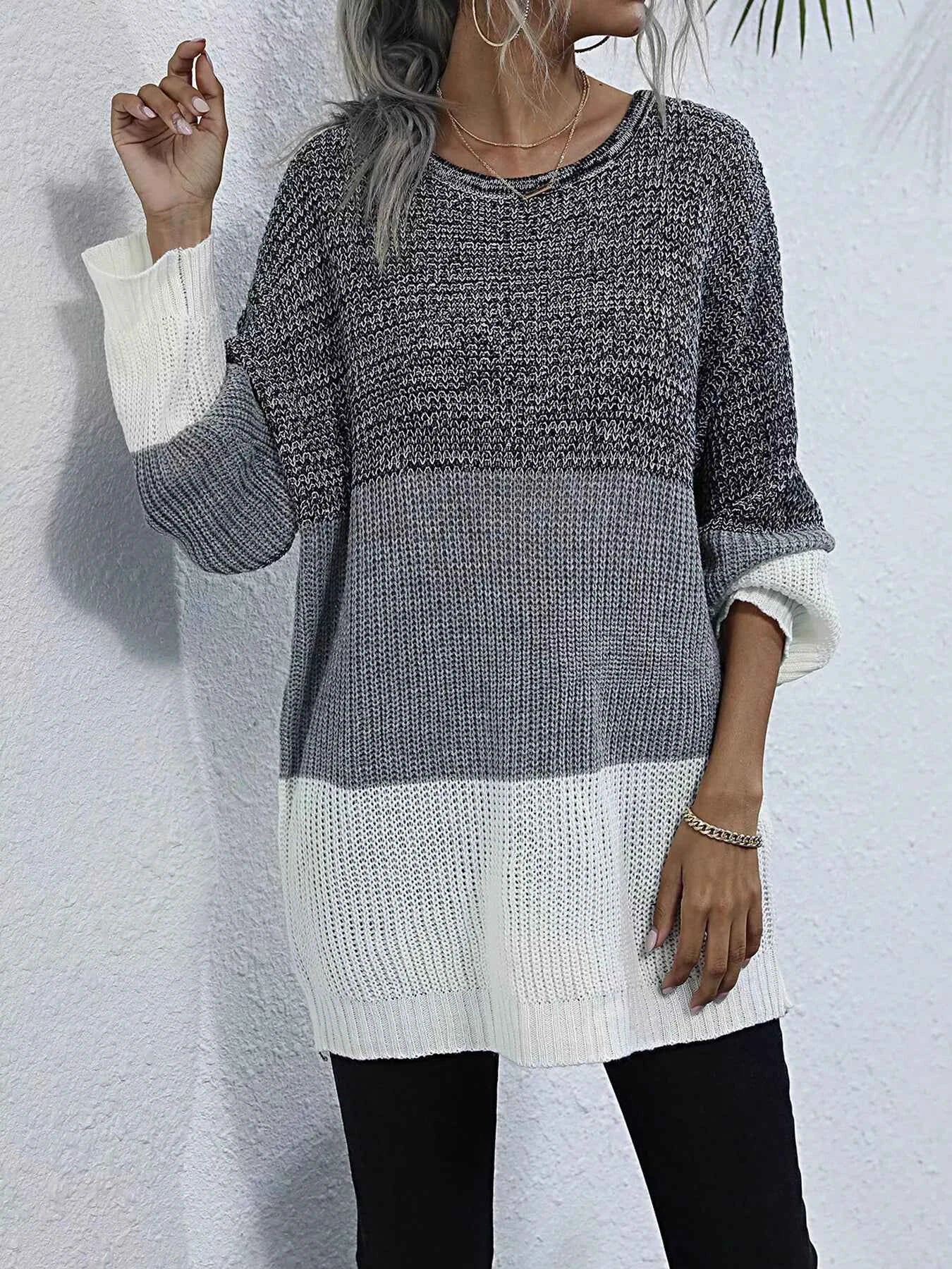 Color Block Round Neck Oversized Sweater Gray White d7dcd2fc1aa846bcab38a205f49a5232-Max-Origin