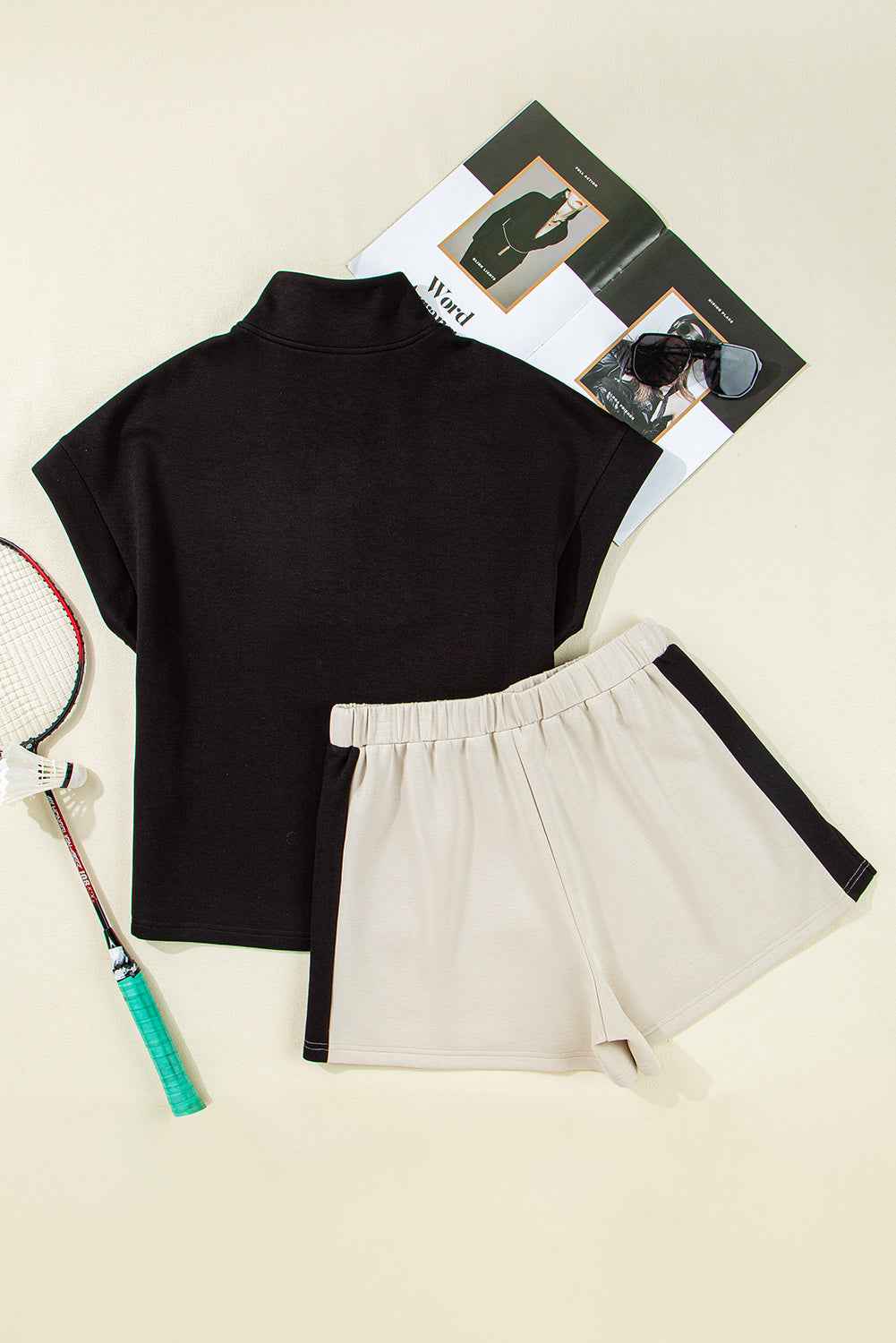 Black Colorblock Zipper Collar T Shirt and Shorts Set d7eaa3a5002678ba