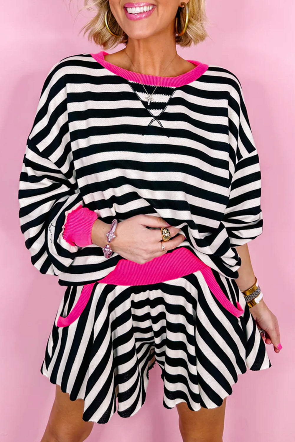 Black Stripe Contrast Trim Long Sleeve Top and Shorts Set Black Stripe 95%Cotton+5%Elastane d7f2e22a5f65af4d