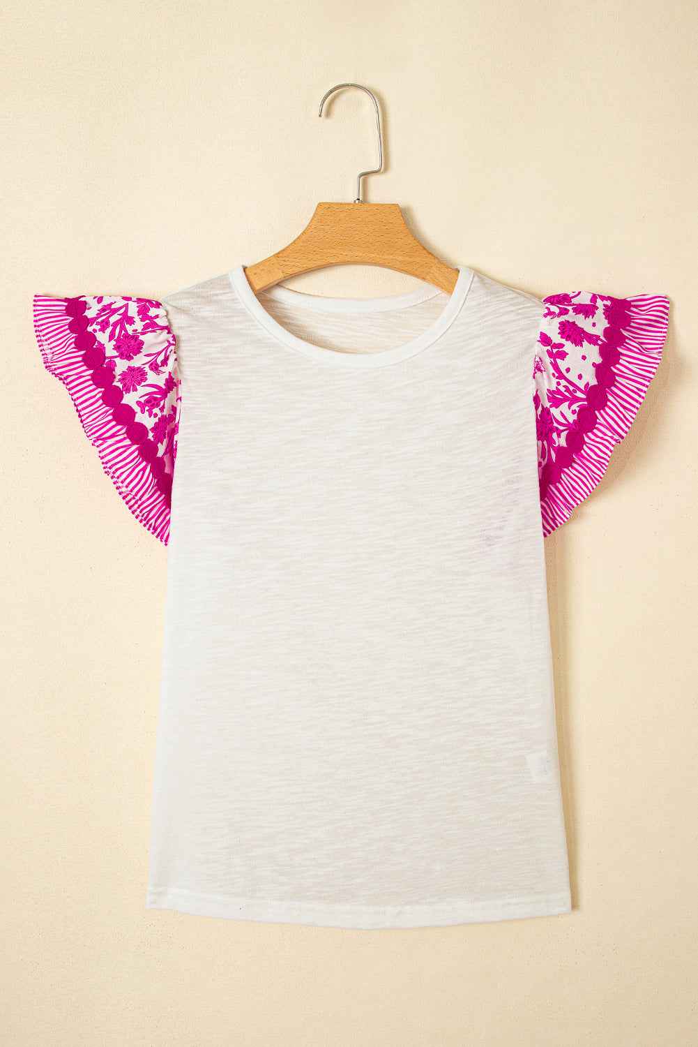 Blue Floral Striped Patchwork Flutter Sleeve Blouse d8021e45df5e00a8