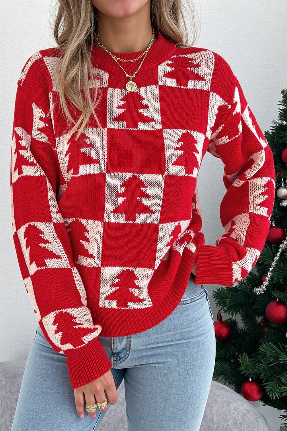 Fiery Red Christmas Tree Checkered Pullover Sweater Fiery Red d8056a2cf8dd8d94