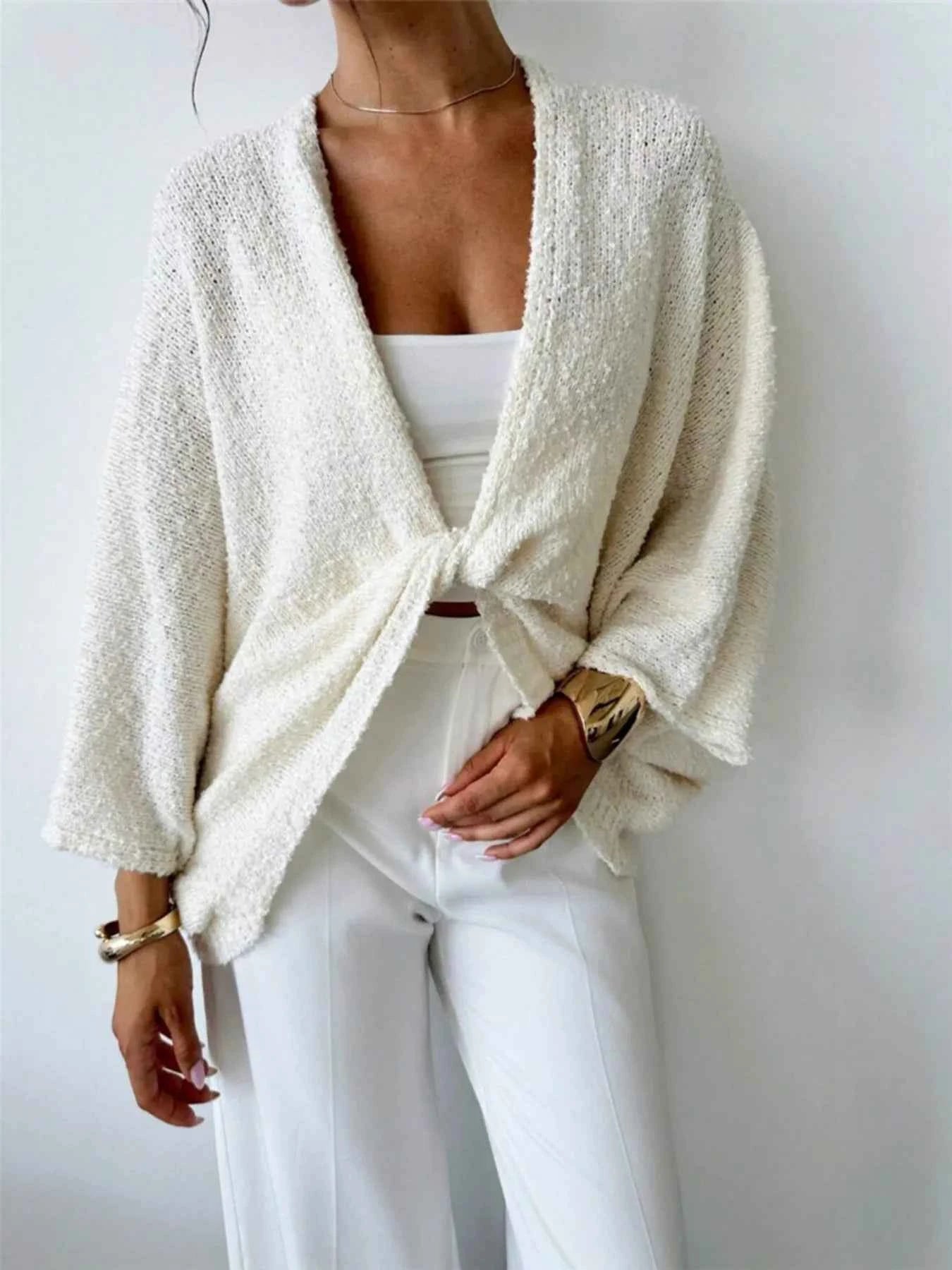 Twist-Front Textured Knit Cardigan Ivory d808cae417ae4326b70bb0736627777b-Max-Origin