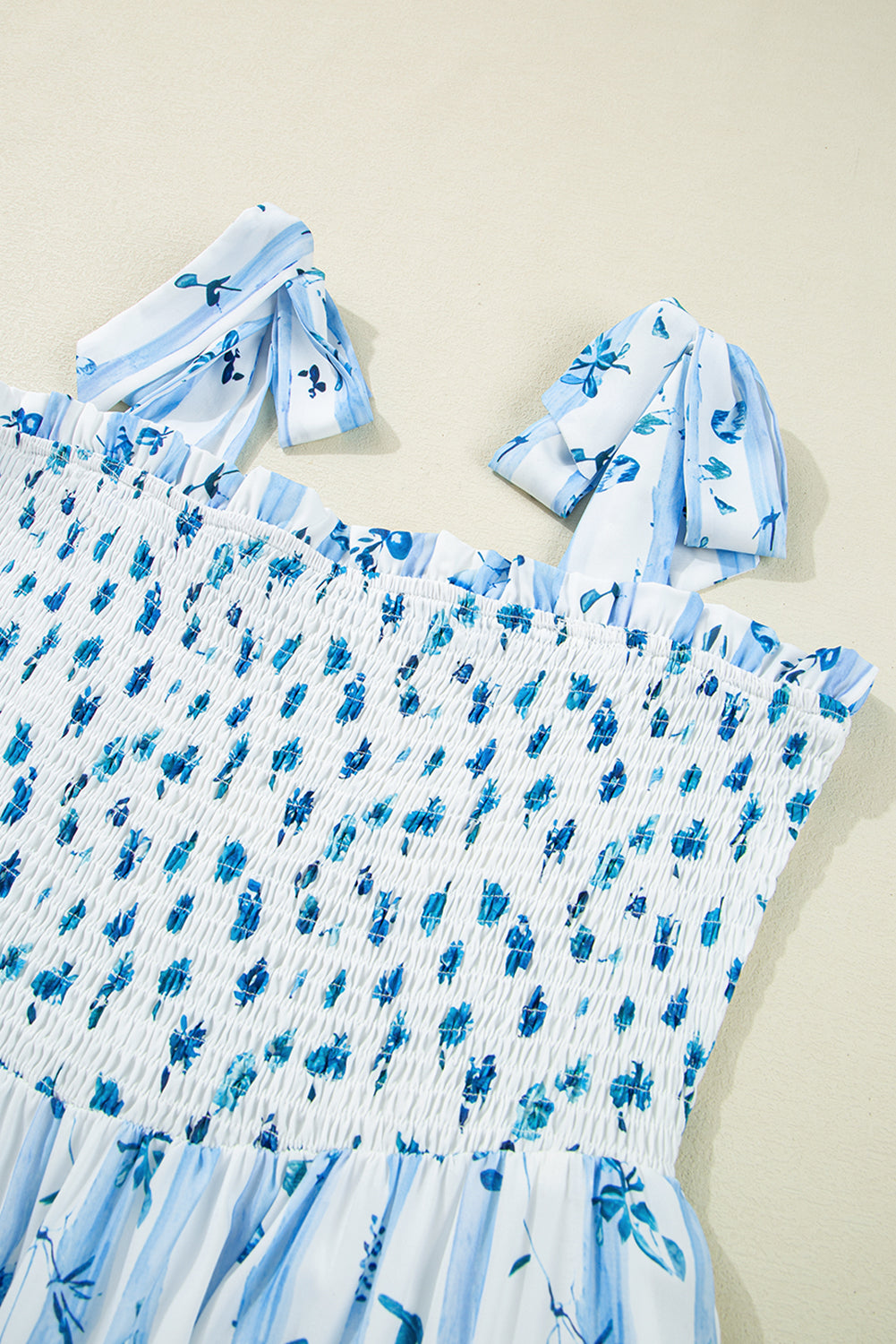 Sky Blue Floral Smocked A-Line Tie Straps Maxi Dress d83391aabb9d2035