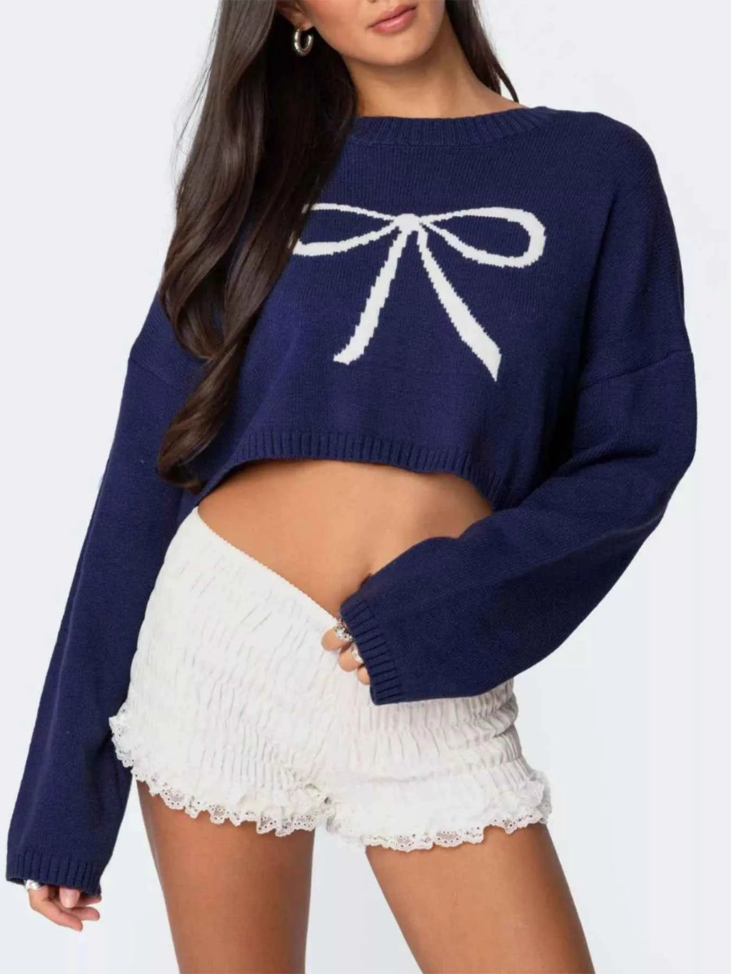 Bow Round Neck Cropped Sweater Navy d833eba5-439a-4b6f-9967-e52dc753f8e6-Max-Origin