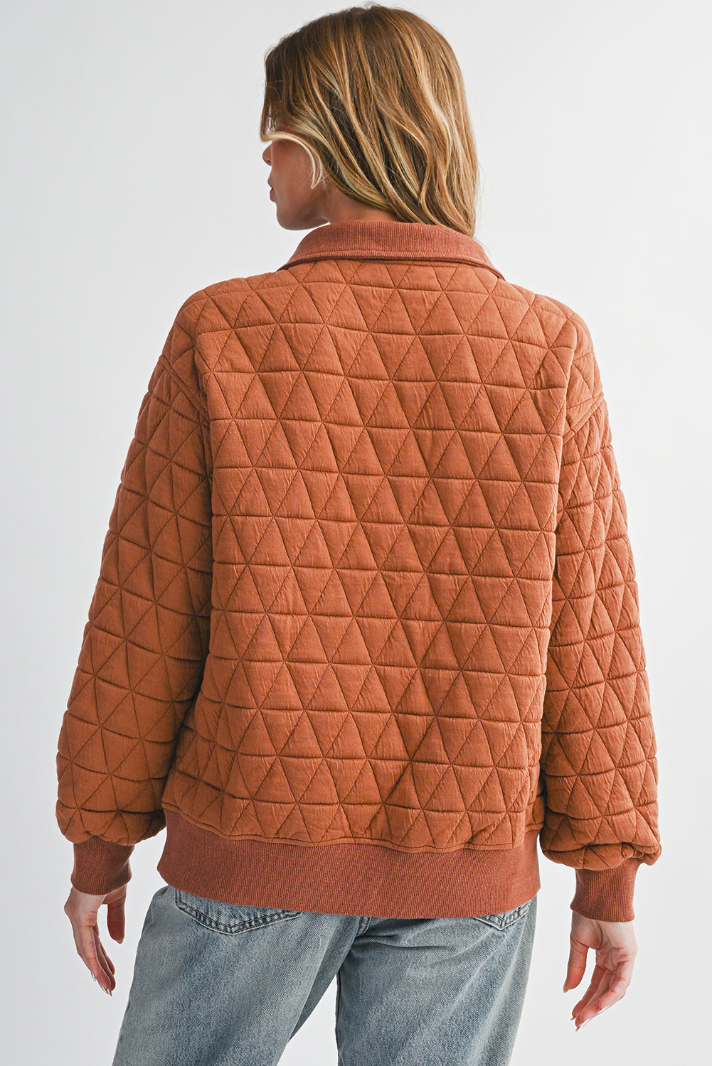 Straw Yellow Textured Zipper Neck Long Sleeve Pullover Sweatshirt d84428d21d32beff