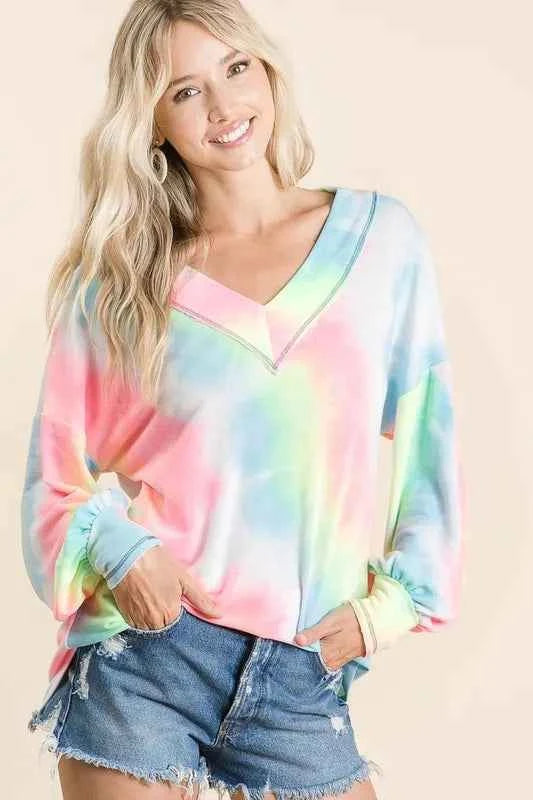 BiBi Tie Dye French Terry V-Neck Top with Puff Sleeves d8458234f8404dadbc135b2774f11c5e-Max-Origin