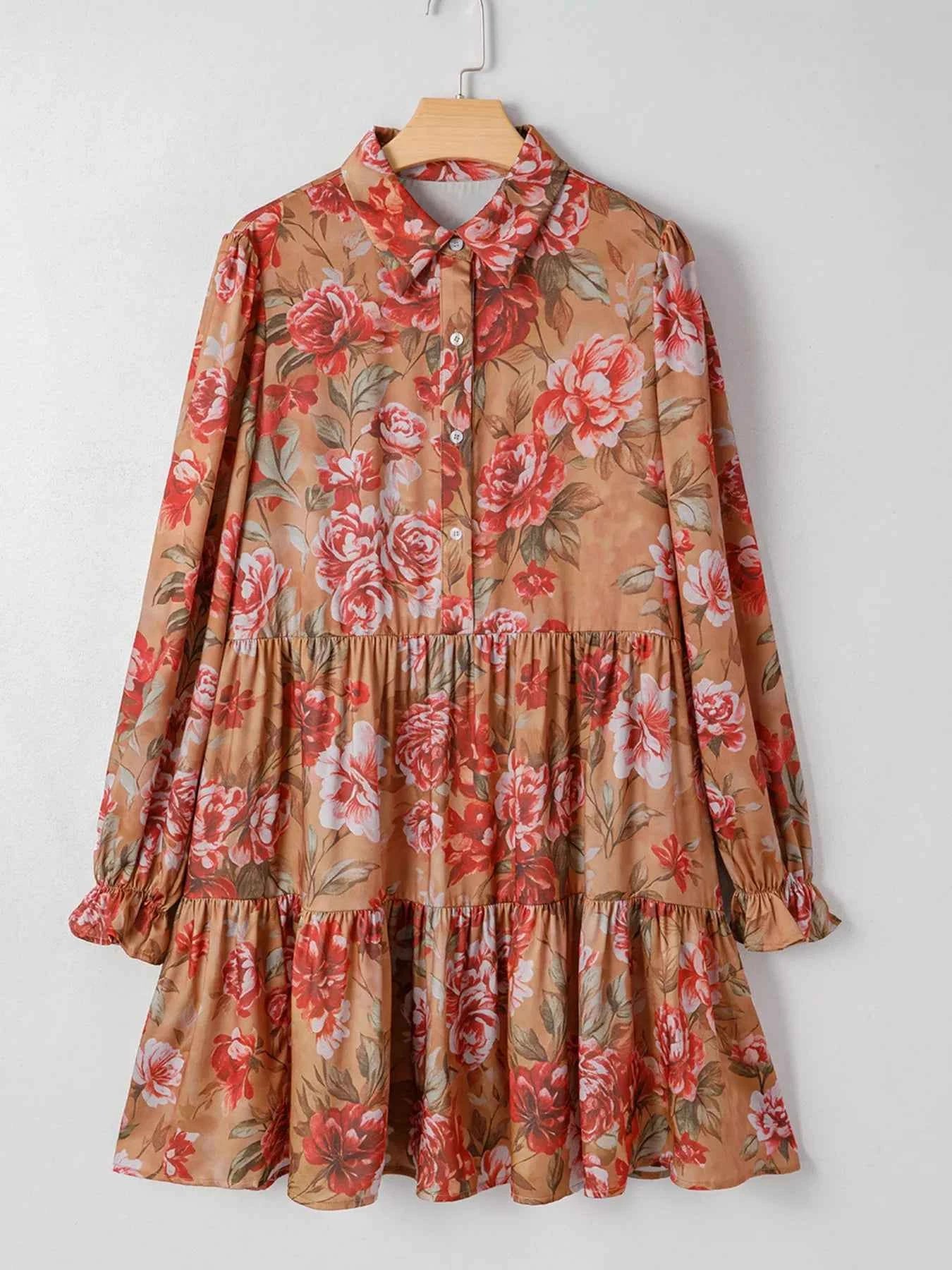 Floral Print Half Button Flounce Sleeve Ruffle Mini Dress Floral d853b112fc9a47f1b978e1925acbcea5-Max-Origin