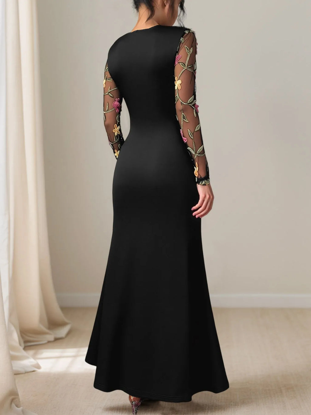 Floral Mesh Sleeve Ruched Maxi Dress d85e0243-dd70-4b23-a367-dd295732b740-Max-Origin