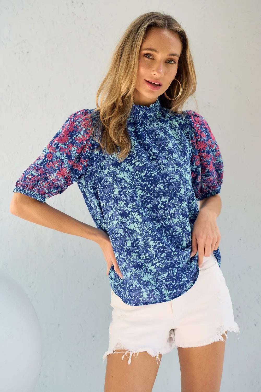 Hailey & Co Embroidered Puff Sleeve Printed Blouse Blue d864cffd-f037-478c-944f-b145270e2a12-Max