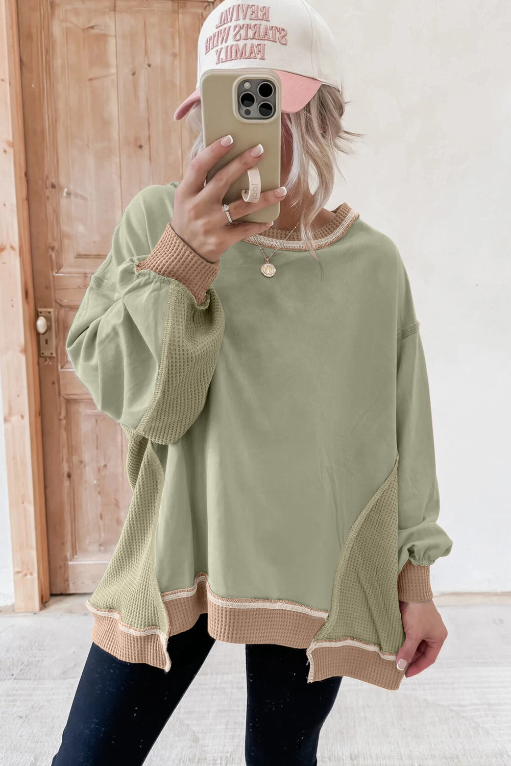 Smoke Green Colorblock Waffle Patchwork Oversize Sweatshirt d86b06ab6d7e3b3b