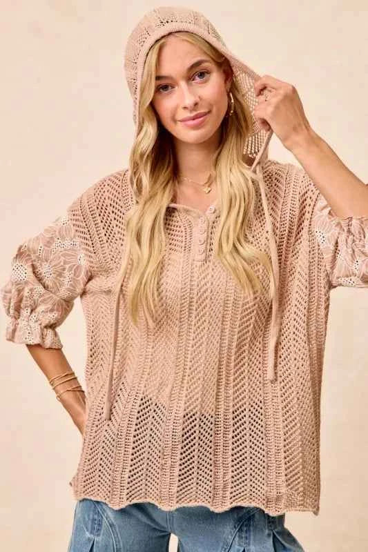 BiBi Jacquard Flower Puff Sleeve Hooded Knit Top d86b669d-7d06-46e8-80ed-6c2236e0f2bc-Max-Origin