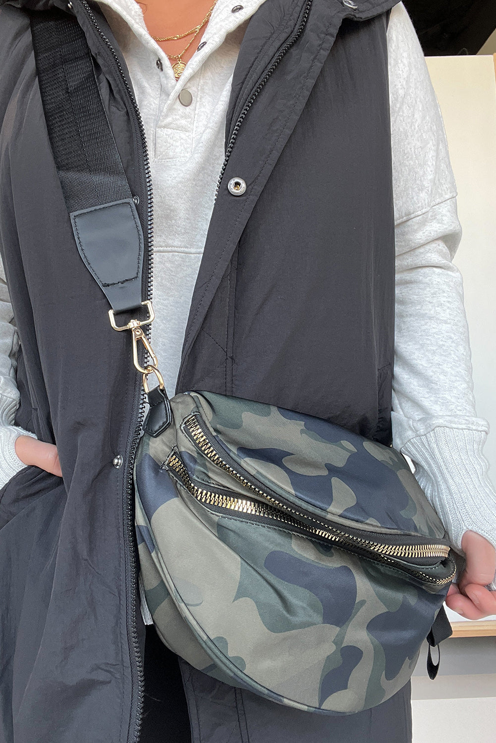 White Camouflage Print Double Zipper Crossbody Bag d87e84eaaa06565c
