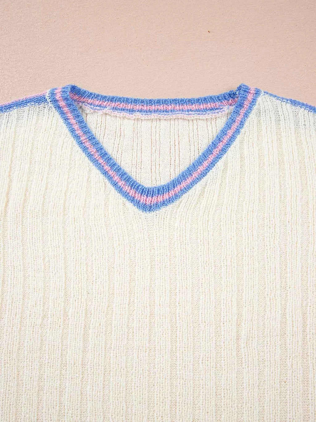 Striped V Neck Dolman Sleeve Rib Knit Oversized Sweater with Slits d893f16085ef42c997afbb132d0d26f4-Max-Origin