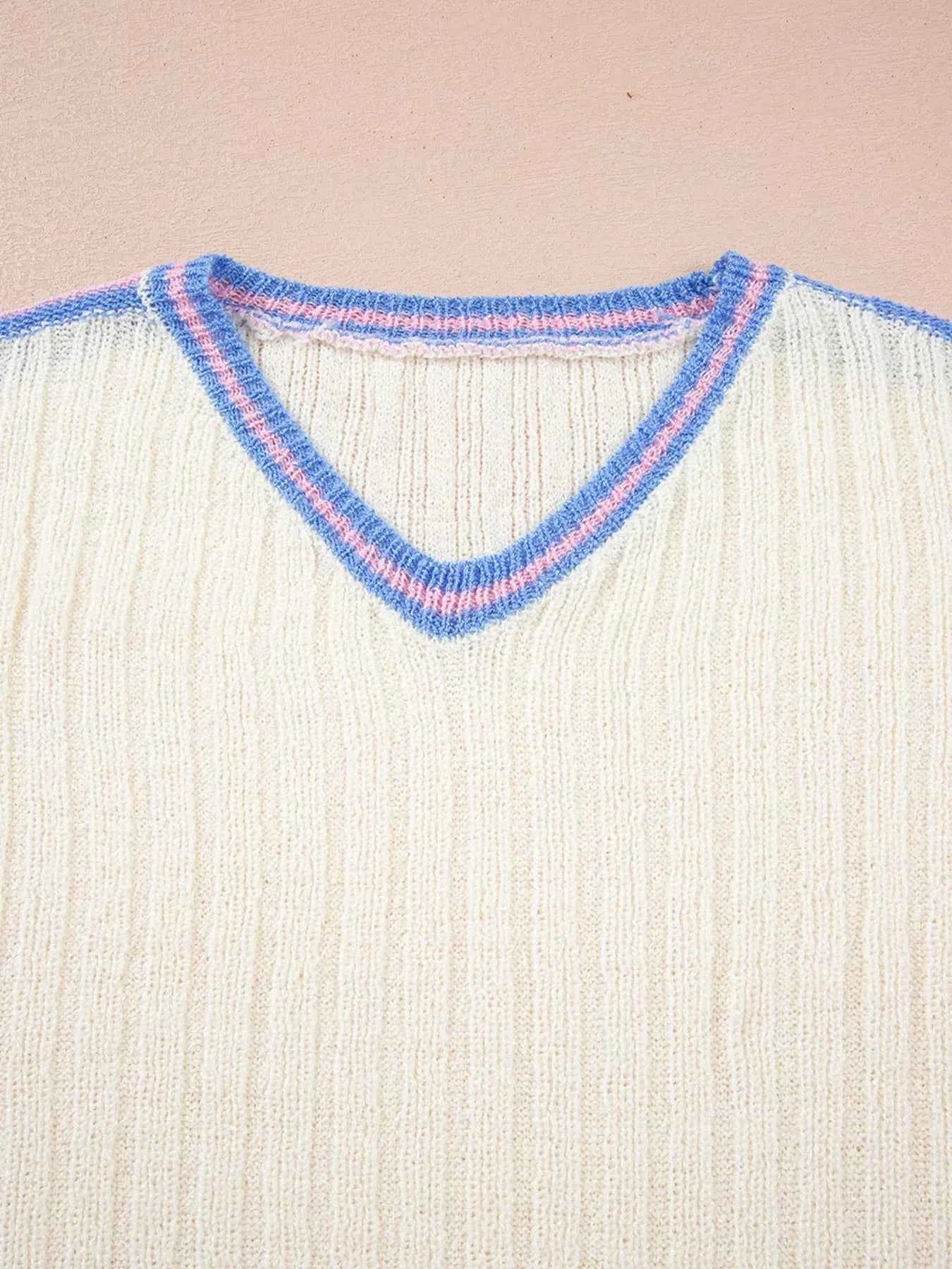 Striped V Neck Dolman Sleeve Rib Knit Oversized Sweater with Slits d893f16085ef42c997afbb132d0d26f4-Max-Origin