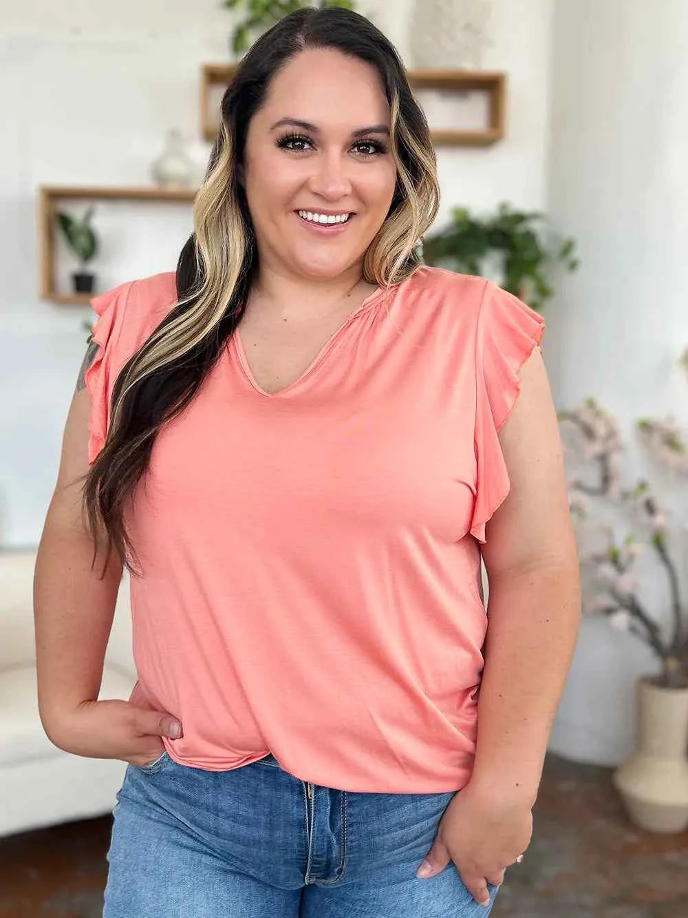 Basic Bae Full Size Bamboo Notched Ruffled Short Sleeve T-Shirt d8ab7b5a-37d7-4c01-bc8d-a49bca24e5da-Max