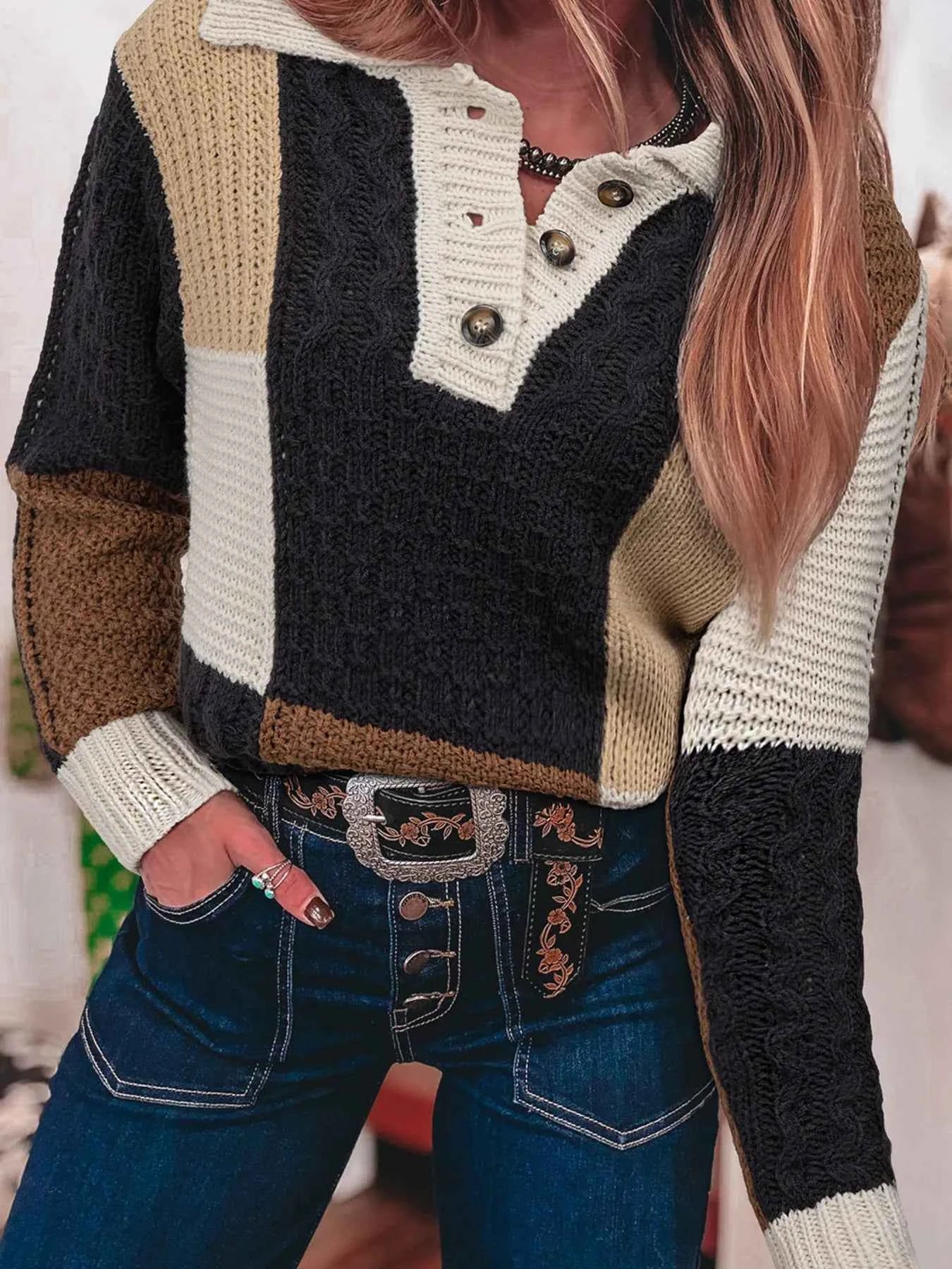 Multicolour Color Block Cable Knit Sleeve Buttons Collared Sweater Taupe d8ac132b63e0442ca62d7eac37c06359-Max-Origin