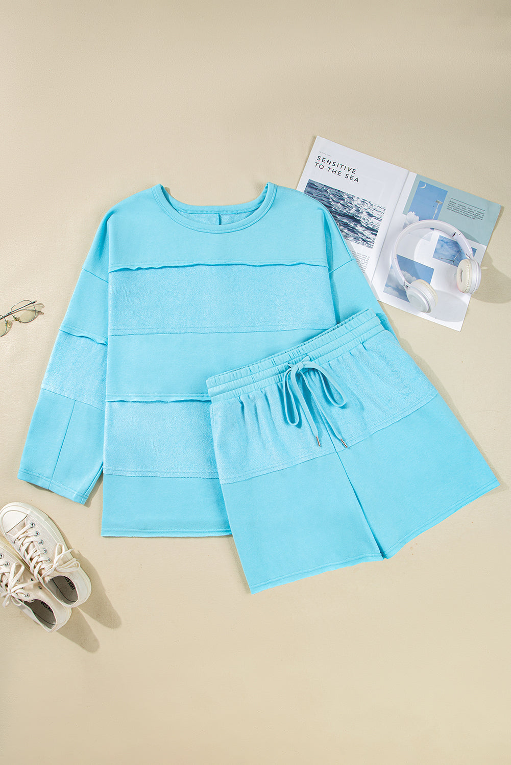Aruba Blue Solid Color Pullover Top Plus Size Raw Hem Shorts Set d8b7b6021c400253