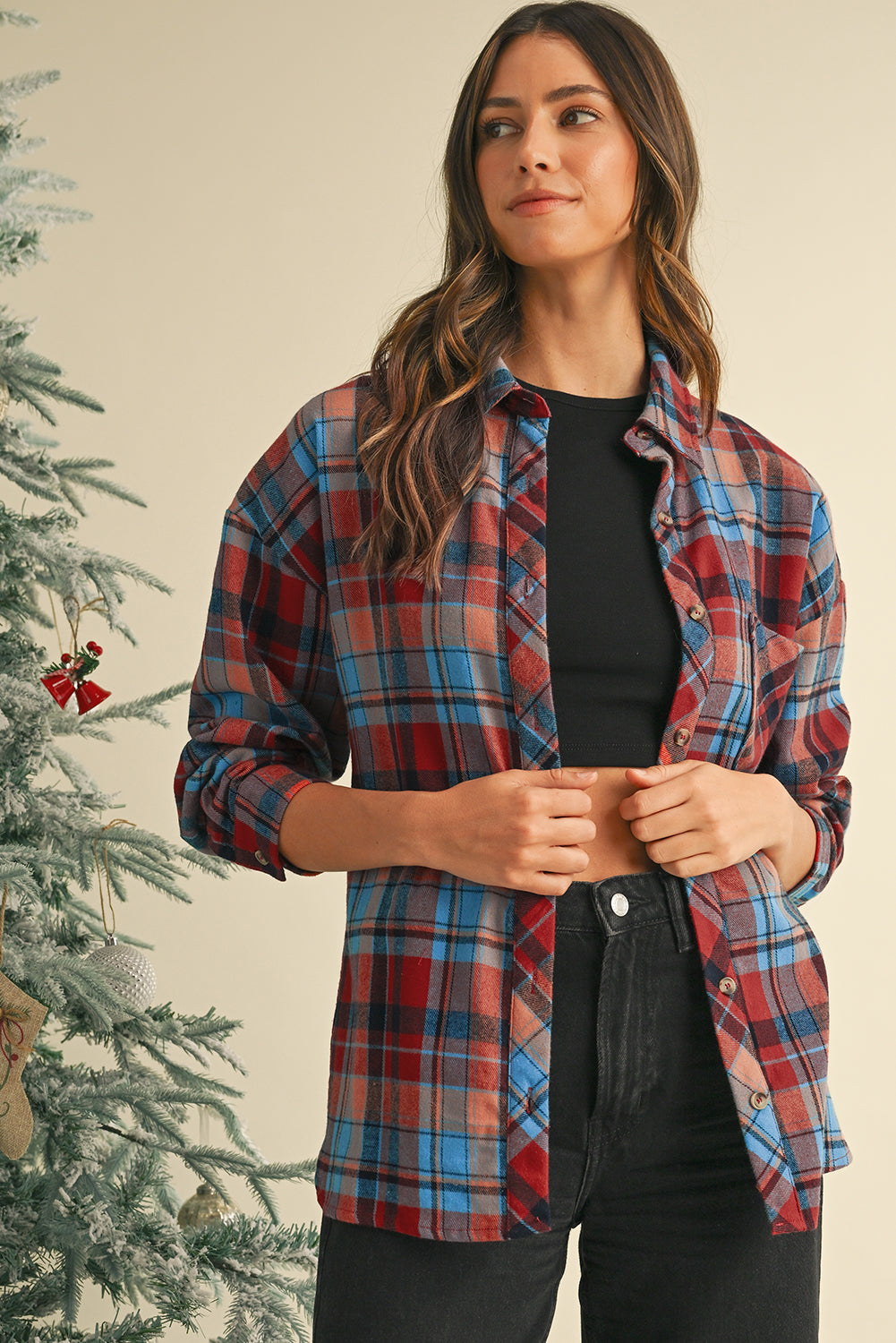 Orange Plaid Print Pocket Loose Shirt Shacket d8cb01664de98e26