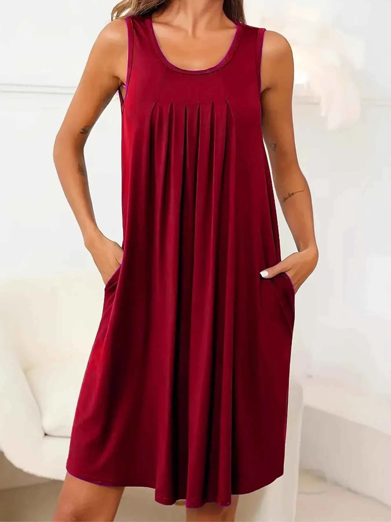 Flowy Pleated Tank Dress with Pockets Burgundy d8dd7c20e4b94ec58e3d4b3a27e7d3ac-Max-Origin