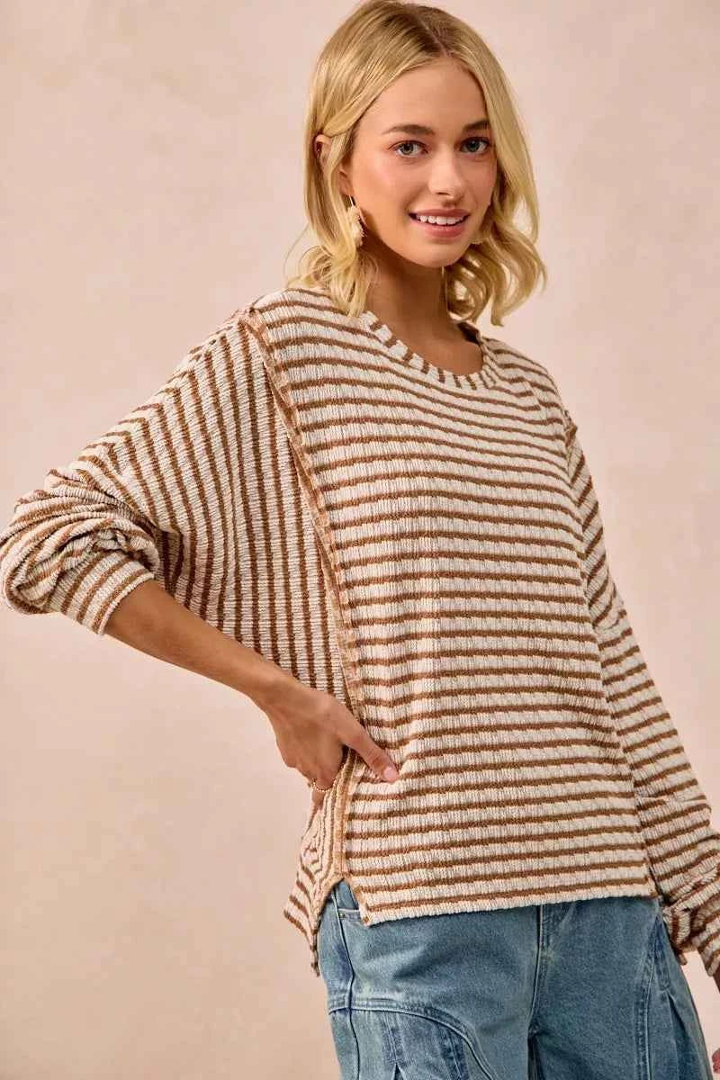 BiBi Open Seam Detail Textured Stripe Knit Top d8dfd9f87dc54bc89eb0fe6e1e7b8a2c-Max-Origin